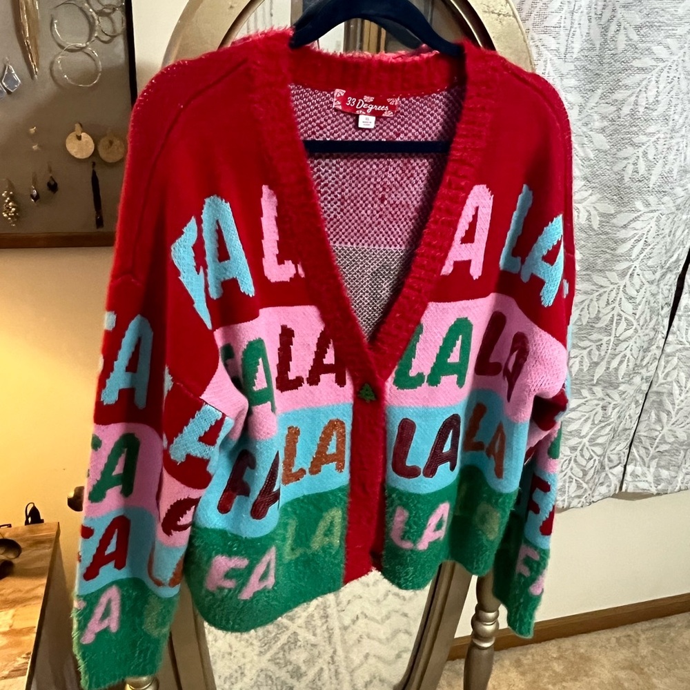 32 Degrees Red and Green Fa La La Cardigan